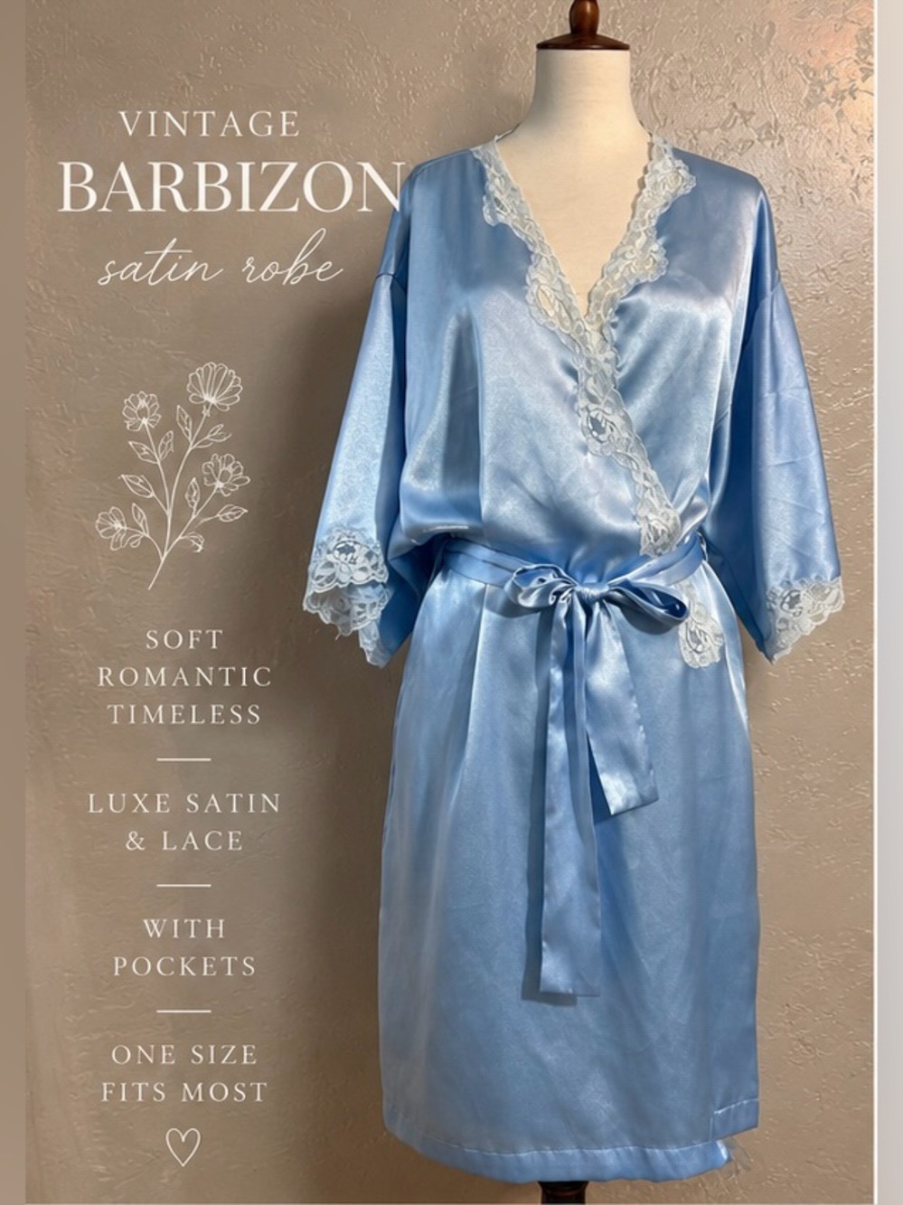 Vintage Barbizon Satin Robe | 1980s | Baby Blue | Lace Trim | Pockets